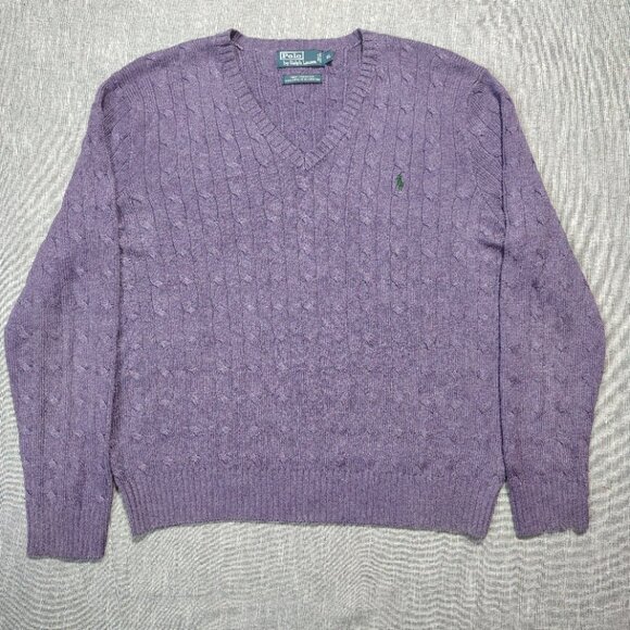 VINTAGE Polo Ralph Lauren Womens Purple Cable Kit Tussah Silk Sweater V-Neck - Picture 1 of 12